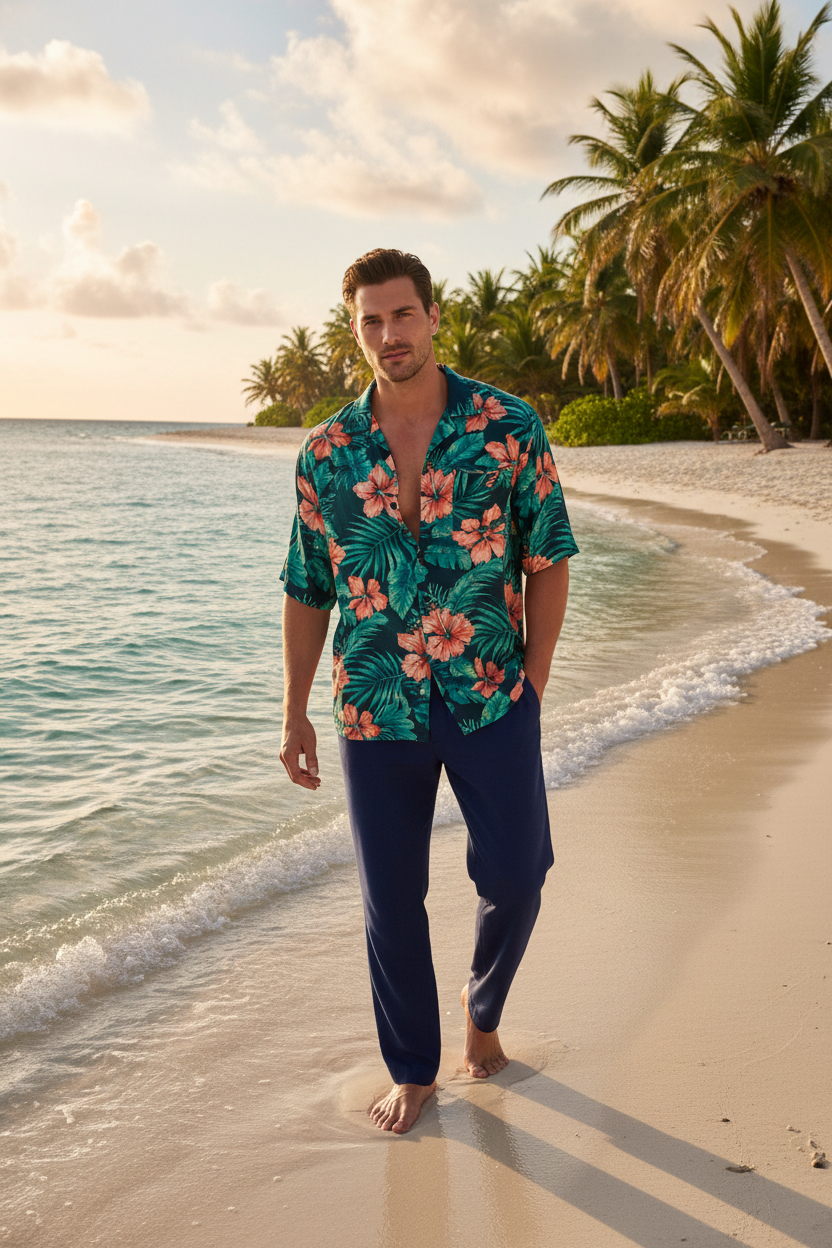 Caribbean Model — Navy Pants & Tropical Shirt