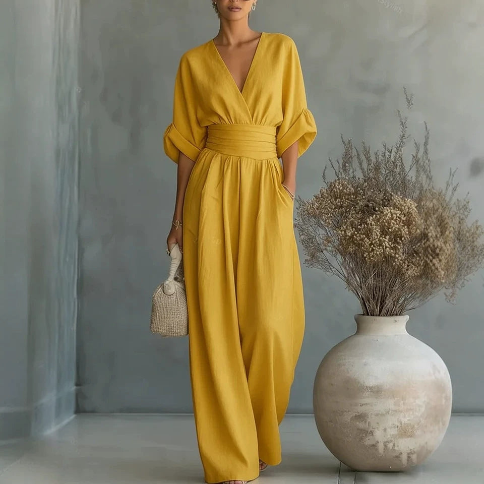 Effortless Grace Wide-Leg Jumpsuit | V-Neck Relaxed Fit Travel Jumpsuit