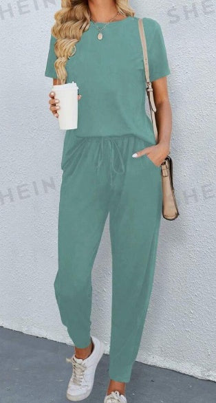 Women's Solid Round Neck Tee & Pants Set