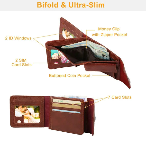 Men's RFID Leather Bifold Wallet With ID Window & Coin Pocket