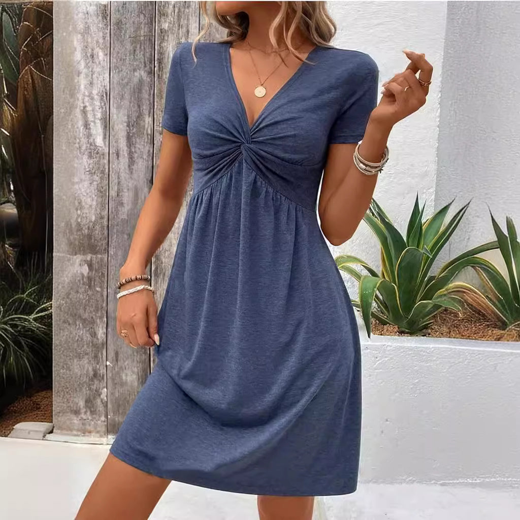 Women's Twist-Front V-Neck Cotton Short Sleeve Dress