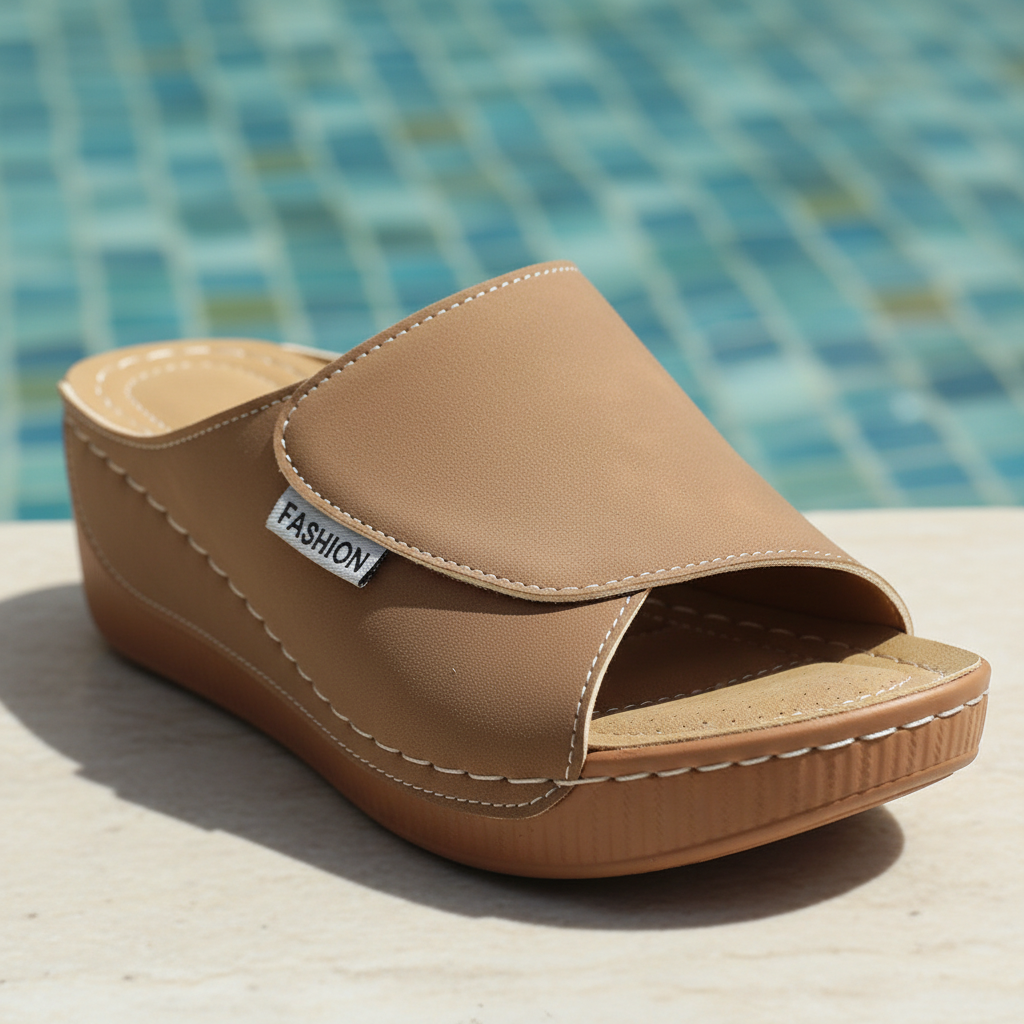 Comfort detail ad - Brown CloudStep Comfort Wedge Slides