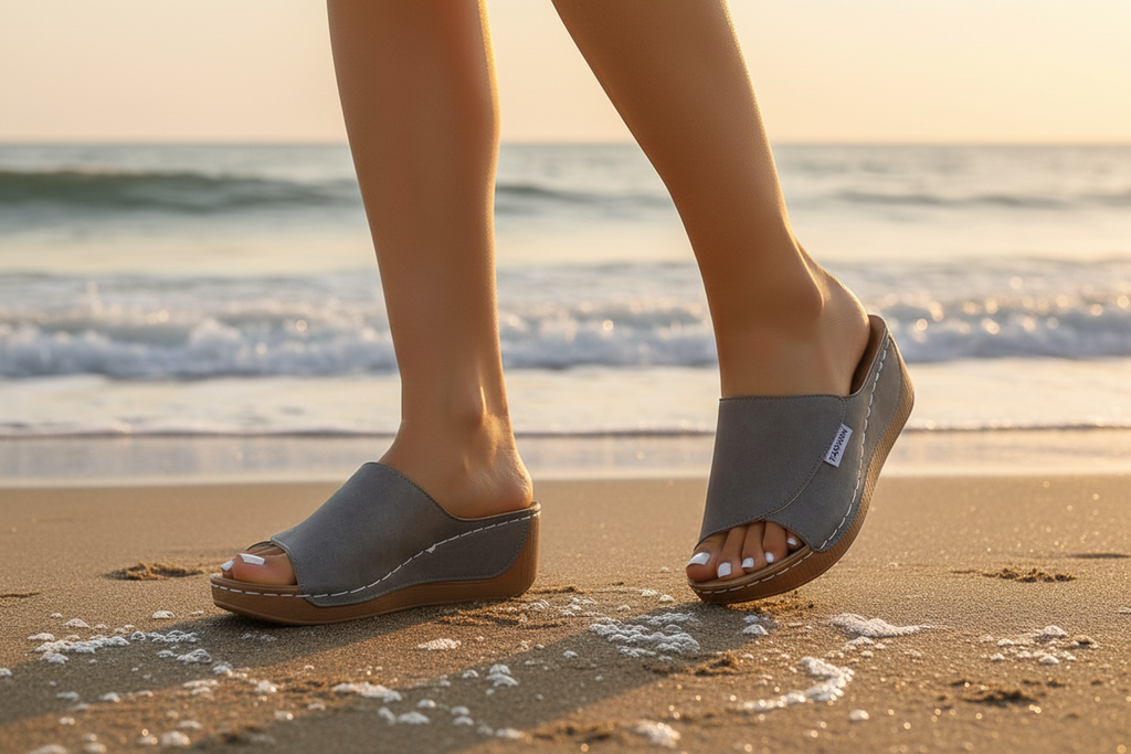 Beach lifestyle ad - Grey CloudStep Comfort Wedge Slides