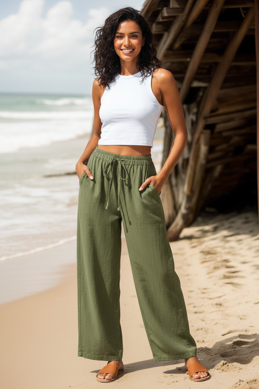 Model wearing Breezy Linen Vacation Wide-Leg Pants on the beach