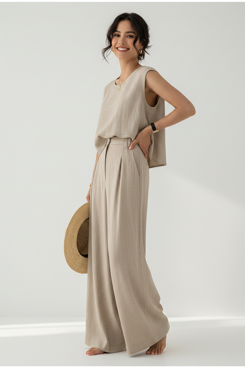 Khaki Linen Sleeveless Top & Wide-Leg Pants Set