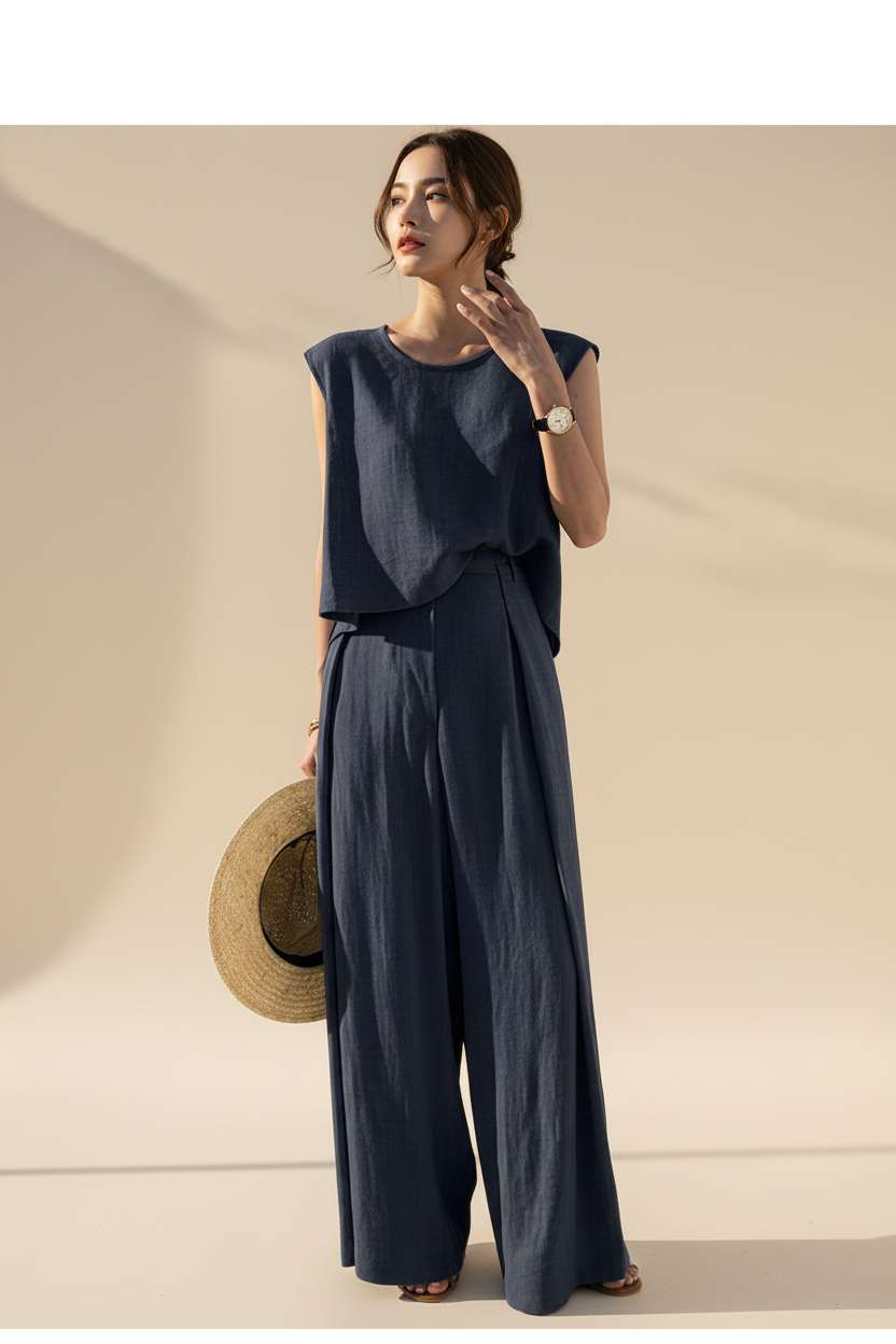 Navy Sleeveless Top Cream