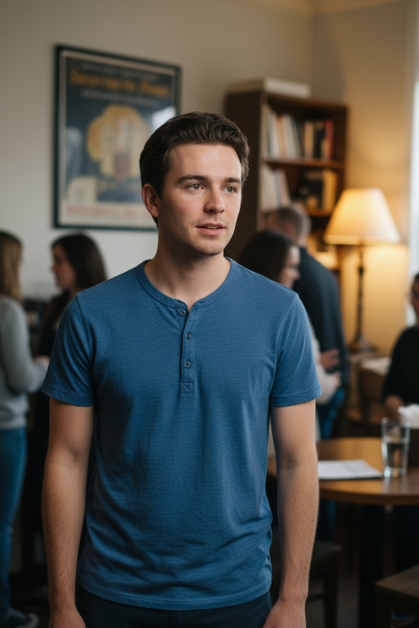 Noah standing in line at coffee shop wearing Henley Tee