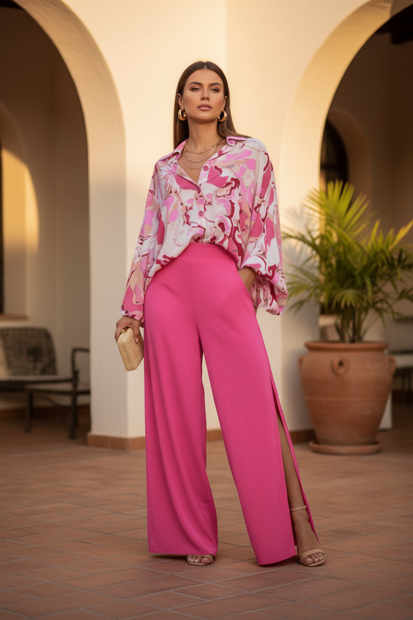 Pink Floral Blouse & Hot Pink Wide-Leg Pants