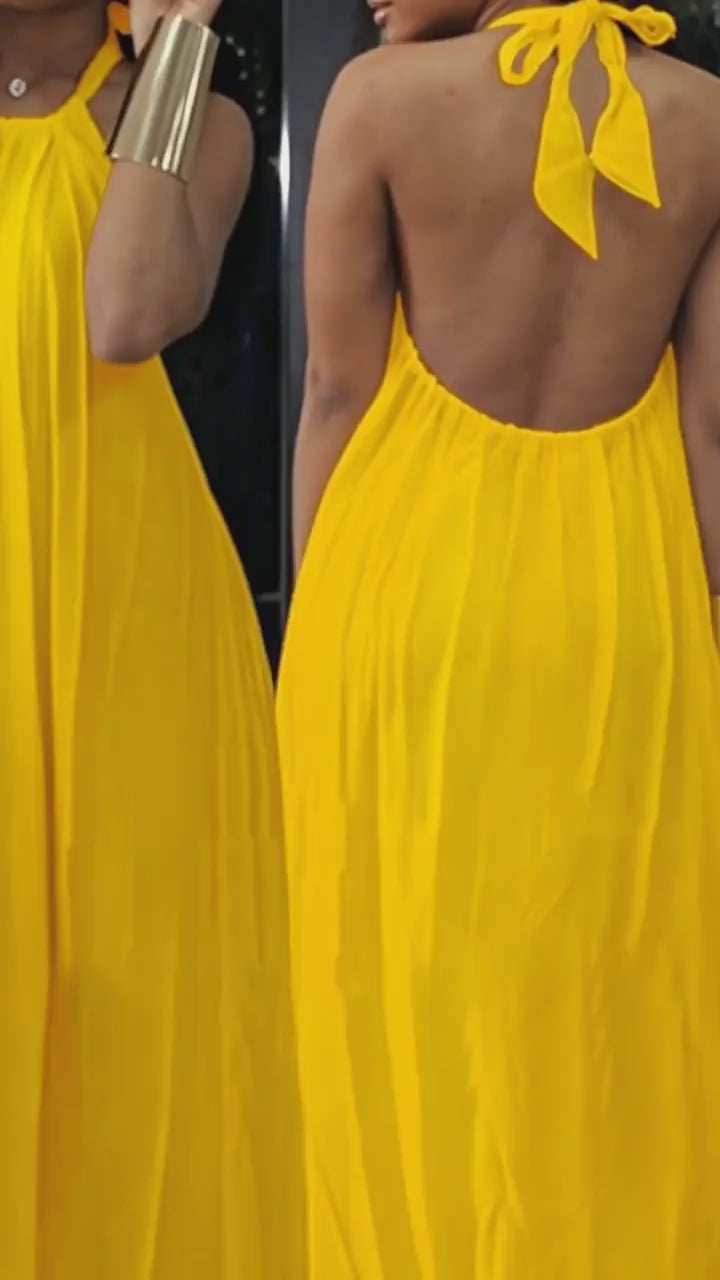 Sun Goddess Backless Maxi Dress - flowing backless halter maxi, open back reveal