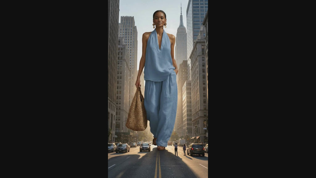 V-Neck Halter Top & Wide-Leg Pants Set | Women's Summer Travel Suit