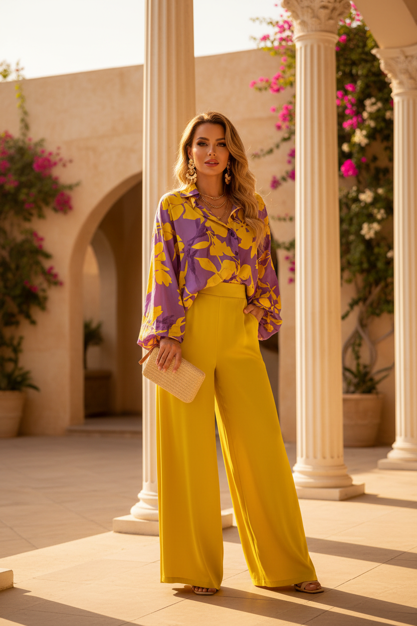 Purple & Yellow Floral Blouse & Yellow Wide-Leg Pants